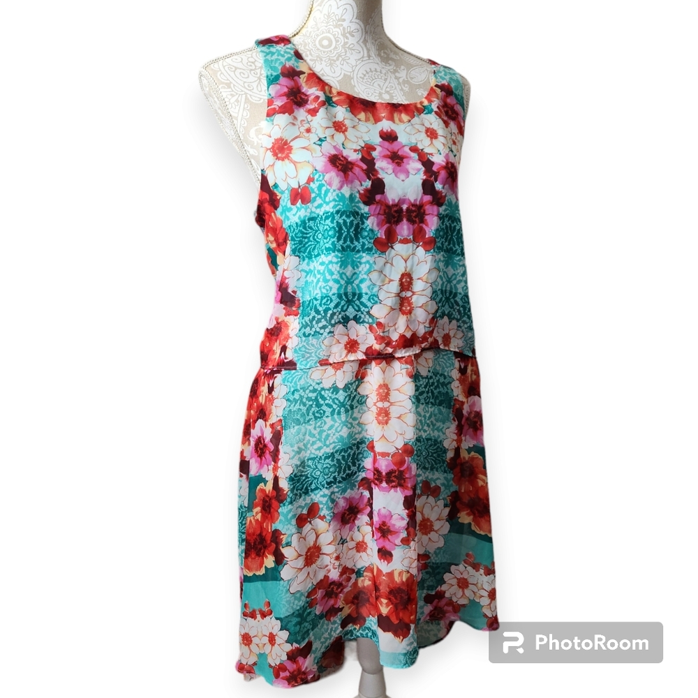 Bisou Bisou Ruffle Hi-Low Sleeveless Floral Multicolor A-Line Dress Size 16